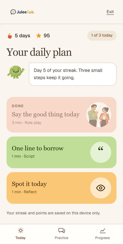 Sample JuleeTalk app screen showing a daily leadership practice plan