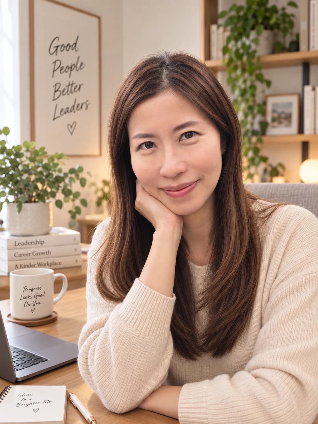 Julee smiling at her desk in a cream sweater, in her warmly lit office